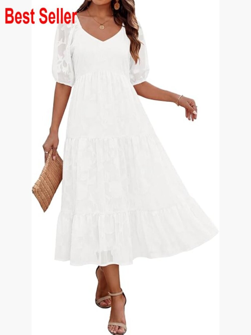 Polyester Maxi Dress with V Neck and Puff Sleeves for Summer Casual Wear